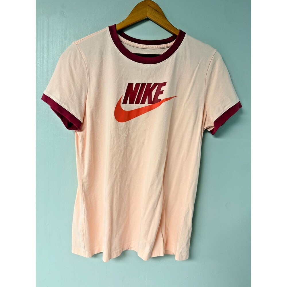 Nike The Nike Tee Womens Large Pink Burgundy Ringer T-Shirt Orange Swoosh